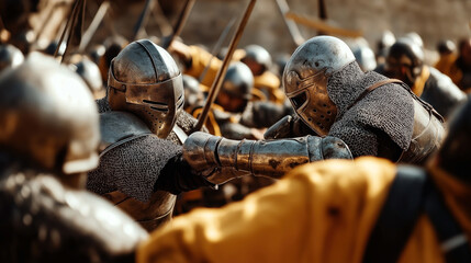 Fototapeta premium Medieval reenactment battle scene with armored knights in chainmail and metal helmets engaged in combat, using swords and shields, portraying a historical warfare scenario.