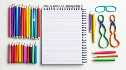 Flat lay of blank notebook with colorful school supplies around pencils, markers, scissors on white background.