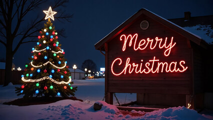 Glowing Merry Christmas sign. Christmas background.