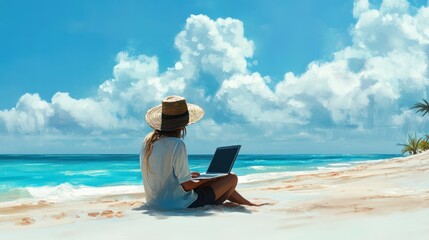 Freelancing on a beach with hat and laptop