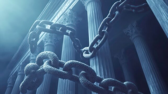 A large chain wraps around the pillars of a classical building, symbolizing oppression and restriction.