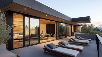 Modern luxury home exterior with spacious outdoor patio, glass walls, lounge chairs, and landscaped greenery at twilight.