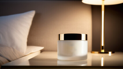 This image features two elegant night cream jars with a smooth, minimalist design. Their branding-free look enhances their luxurious appeal, perfect for beauty marketing in a serene bedroom setting.