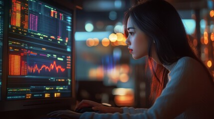 HUD computer hologram, graphs, and woman analyzing financial data, stock market database, or futuristic night overlay for Forex UI investment