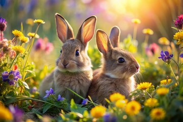 Adorable Portrait of Two Sweet Rabbits Surrounded by Colorful Flowers in Nature
