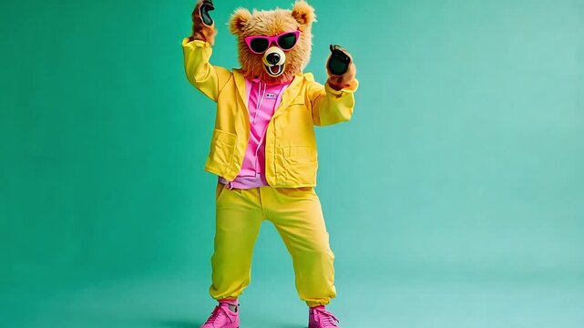 a bear with yellow jacket, and pink pants dancing on a green background. Funny dancing animal video footage concept