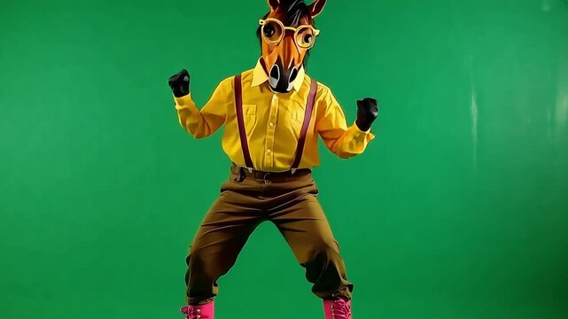 Person wearing a horse mask and glasses dancing against a green screen. Funny dancing animal video footage concept