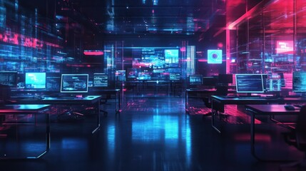 Modern neon cyberpunk open space office interior blurred with information technology overlay. Corporate strategy for finance, operations, marketing. Tables with computers for work. Technology