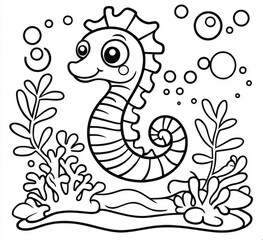Obraz premium A seahorse, an underwater world, in black and white for a coloring book.