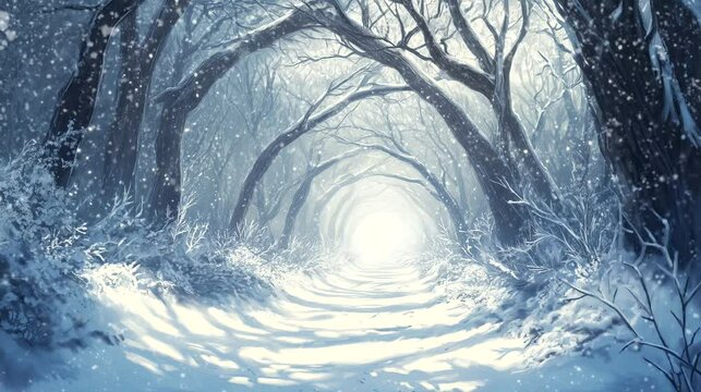 A snow-covered pathway dense forest, the trees arching and creating a tunnel of white. Looping 4k video animation background