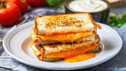 A delicious grilled cheese sandwich with melted cheese, served on a plate with tomatoes.
