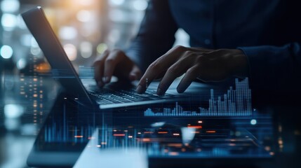 Professional working on a laptop and tablet with overlaying digital graphs and charts, perfect for business, technology, and finance-themed projects, highlighting modern data analysis
