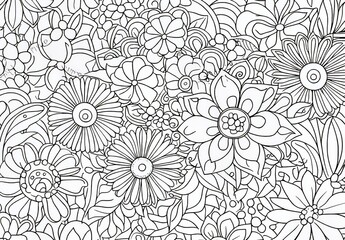 An adult coloring book of black and white floral doodles