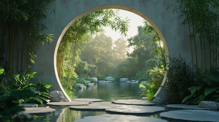 Circular Stone Archway Revealing a Tranquil Pond and Lush Foliage