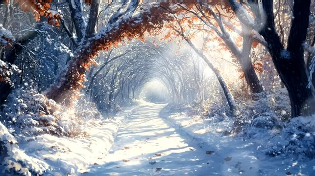 A snow-covered pathway dense forest, the trees arching and creating a tunnel of white. Looping 4k video animation background