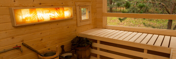 interior of a sauna.Finnish sauna interior made of wood for relaxation	