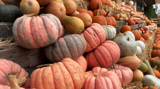 Tiered Pumpkin Display at Fall Market Exhibition. Pink Porcelain Doll pumpkins in the foreground, with a variety of other pumpkins arranged in tiers on straw.