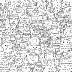 Fototapeta premium Colorful doodle illustration with ice cream, fruits and waves. A fun summer pattern for a coloring book or design print. Changeable colors.