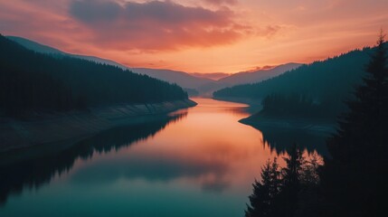 Obraz premium Serene Sunset Over Tranquil Mountain Lake