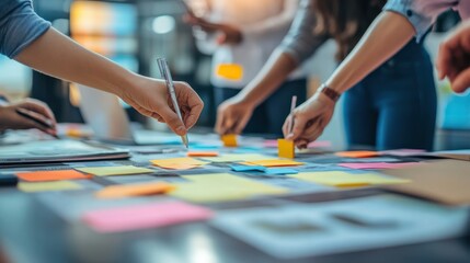Fototapeta premium Team hands working with sticky notes on table, creative meeting concept, blurred background. Generative AI