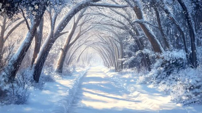 A snow-covered pathway dense forest, the trees arching and creating a tunnel of white. Looping 4k video animation background