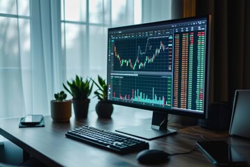 A trader\'s desk with a computer displaying stock market data and plants during a late afternoon