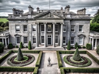 Naklejka premium Aerial View of an Elegant NeoClassical House with Grey Stone Exterior and Symmetrical Garden