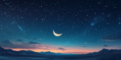 Serene Night Sky with Stars and Crescent Moon, Symbolizing the Spiritual Connection of Ramadan to the Divine.