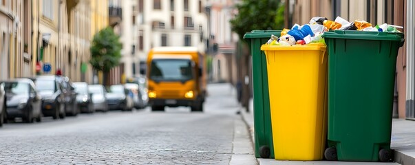 Naklejka premium Environmental Crisis Ignored Waste Accumulation - Garbage Trucks and Landfill Methane Emissions Impacting Our Planet