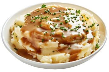 A white bowl filled with creamy mashed potatoes and savory gravy