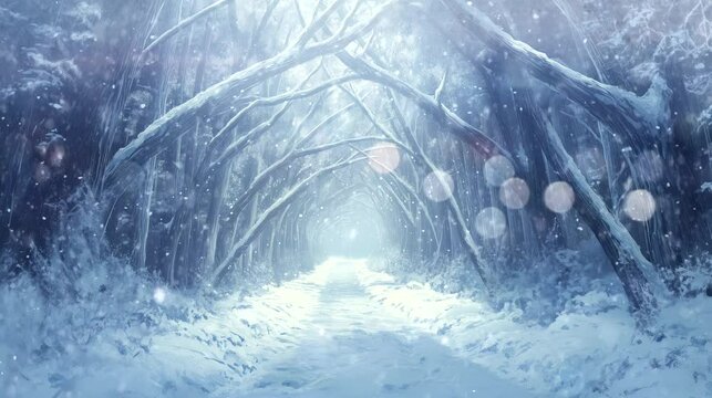 A snow-covered pathway dense forest, the trees arching and creating a tunnel of white. Looping 4k video animation background