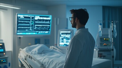 An advanced AI system in a hospital analyzing a patient&rsquo;s health data via a digital interface, offering real-time diagnostics and treatment suggestions