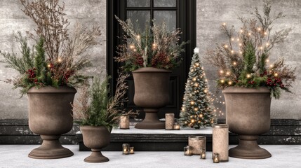 Fototapeta premium The cozy rustic front door is beautifully enhanced with seasonal floral arrangements, a miniature Christmas tree, and lush greenery in stylish large planters.