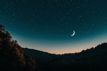 Serene Night Sky with Stars and Crescent Moon, Symbolizing the Spiritual Connection of Ramadan to the Divine.
