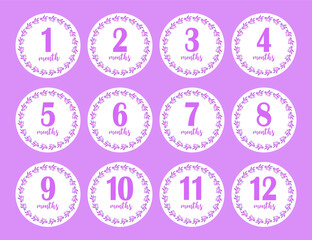 12 months stickers for the first year of the baby girl. Vector design.