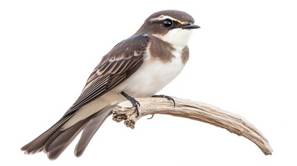 Fototapeta premium Sea Sparrow Bird Perched on a Branch on a White Background, Realistic Photo, Standard Background, Wallpaper, Cover and Screen for Smartphone, PC, Laptop, 16:9 and 9:16 Format