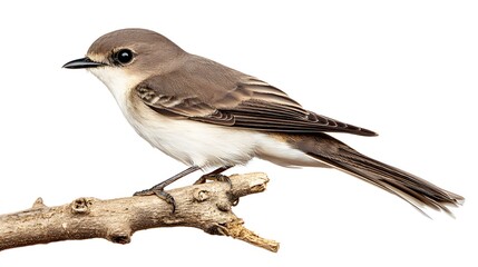 Fototapeta premium Sea Sparrow Bird Perched on a Branch on a White Background, Realistic Photo, Standard Background, Wallpaper, Cover and Screen for Smartphone, PC, Laptop, 16:9 and 9:16 Format