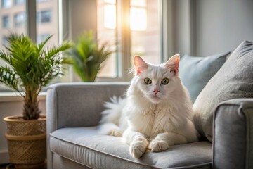 Aerial View of a White Cat Relaxing on a Grey Couch - Cozy Home Atmosphere