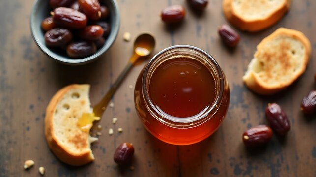 Jar of Silan Date Honey with Toast and Fresh Dates (Jewish Cuisine)