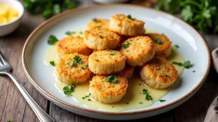 Crispy Shlishkes Potato Dumplings Served in Butter Sauce (Jewish Cuisine)