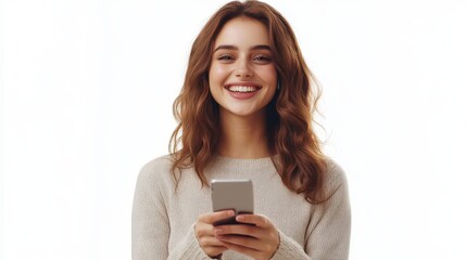 Fototapeta premium Smiling Woman Holding Smartphone