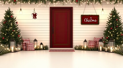 Fototapeta premium A charming Christmas front porch features red doors adorned with wreaths, lanterns hanging from trees, cozy seating, and festive greenery for a welcoming holiday atmosphere.