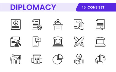 Diplomacy Line  Icons set. Vector illustration in modern thin line style of political dialogue related icons: summit, diplomatic, politics, debate, and more.