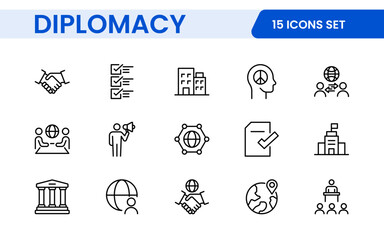 Diplomacy Line  Icons set. Vector illustration in modern thin line style of political dialogue related icons: summit, diplomatic, politics, debate, and more.