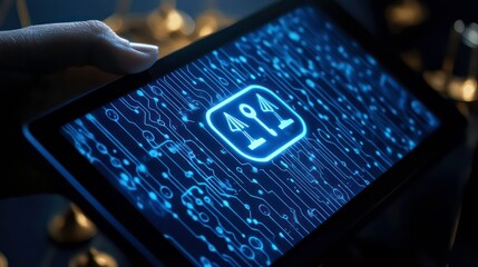A hand holding a tablet displaying a glowing restaurant icon over a blue circuit board background.