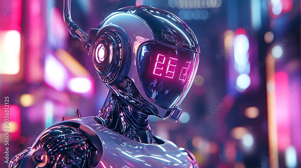 Poster Futuristic robot with glowing red digital display standing in a city with neon lights.