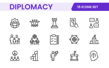 Diplomacy Line  Icons set. Vector illustration in modern thin line style of political dialogue related icons: summit, diplomatic, politics, debate, and more.