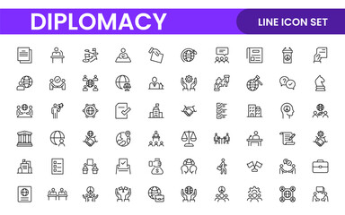 Diplomacy Line  Icons set. Vector illustration in modern thin line style of political dialogue related icons: summit, diplomatic, politics, debate, and more.