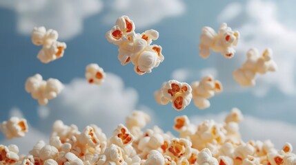 Floating Popcorn Against a Soft Cloudy Background