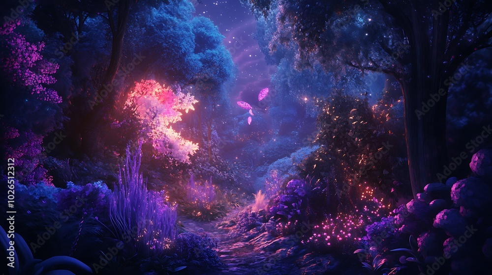 Poster a mystical forest path at night with glowing trees and a flying creature.